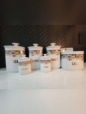 Vintage White Block Germany Floral Canister Spice Jar Set - 6 Pieces Cottagecore